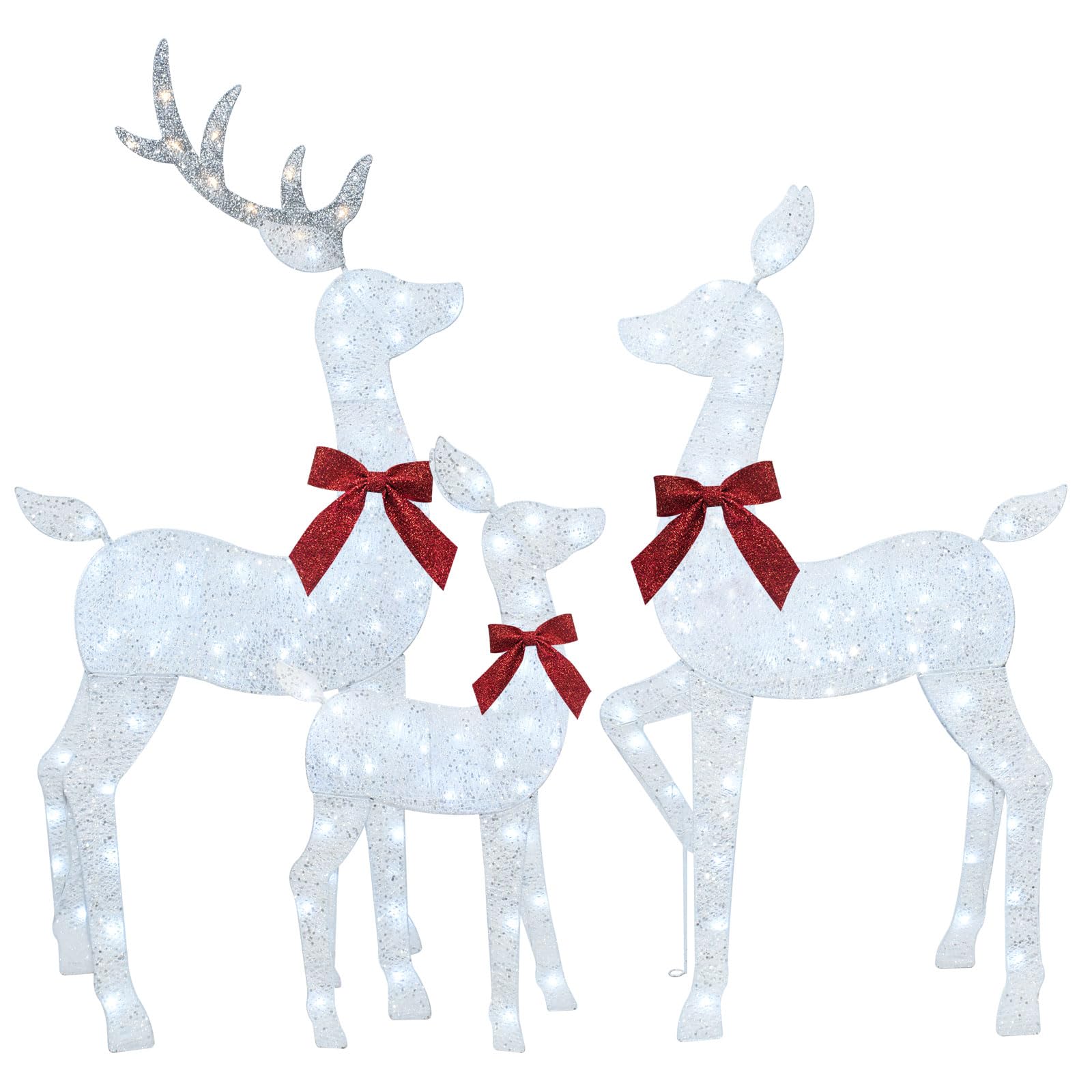 3-Piece 2D Lighted Christmas Deer Family Set - HOYECHI Large Outdoor Yard Reindeer Holiday Decoration with 145 LED Lights, Stakes, Zip Ties - Gold